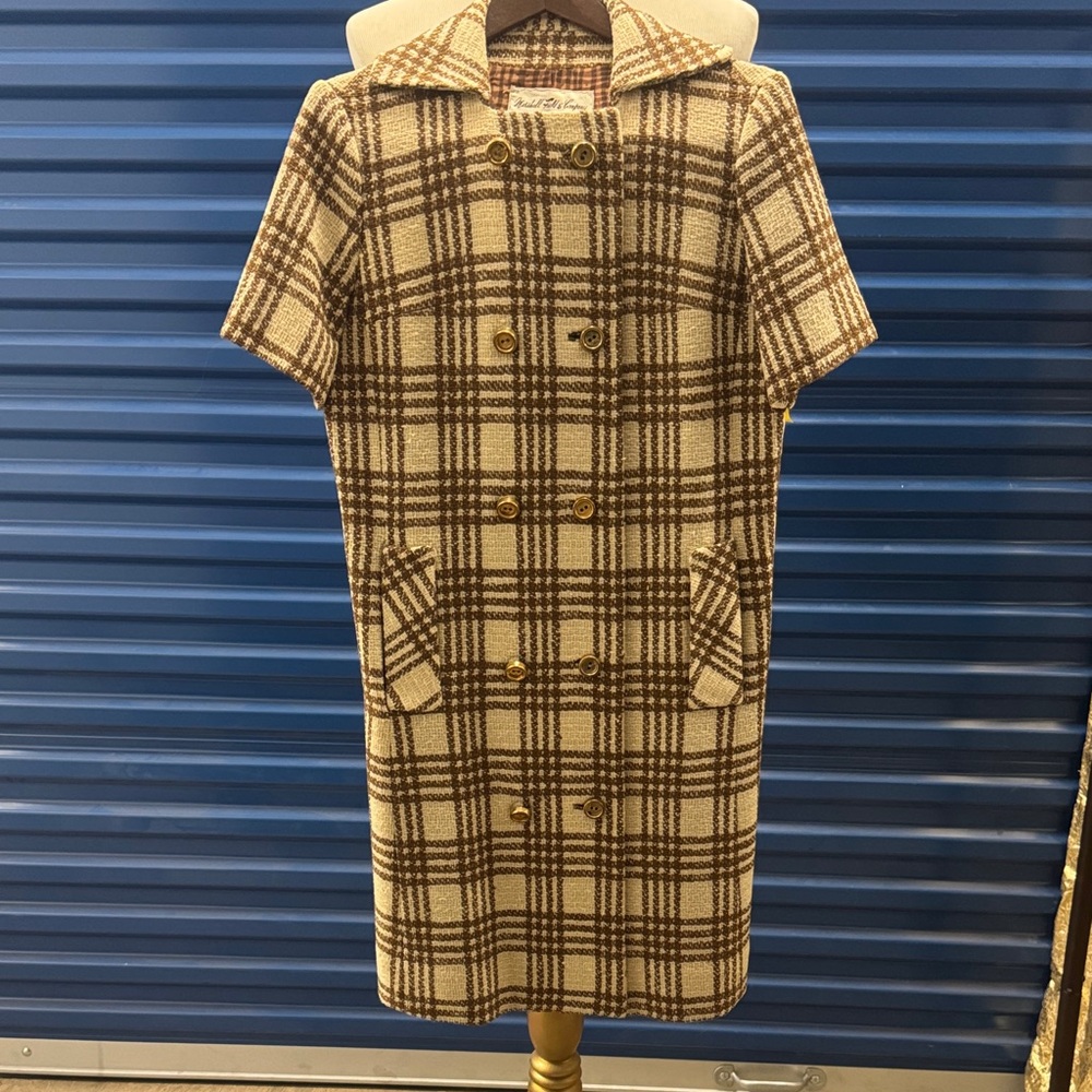 Vintage Short-Sleeve Double-Breasted Plaid Trench Coat - Cream & Brown